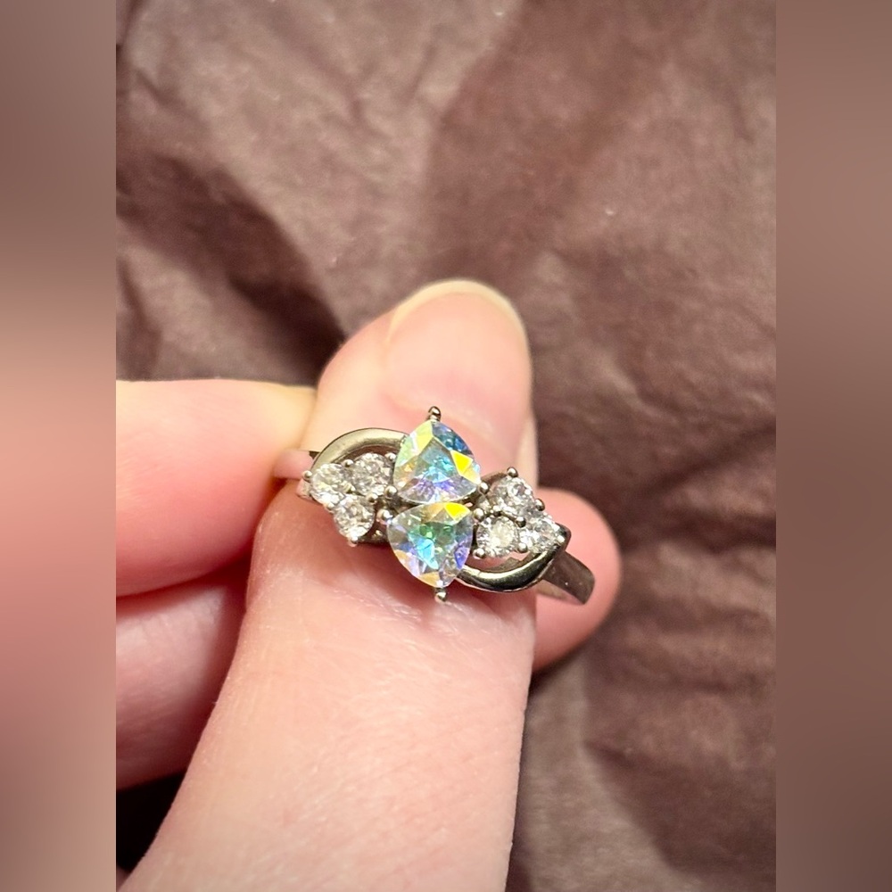 Charmed Aroma- Aurora Borealis Swarovski 2 Hearts W/CZ Accent-Ring-Sz-7 or 10